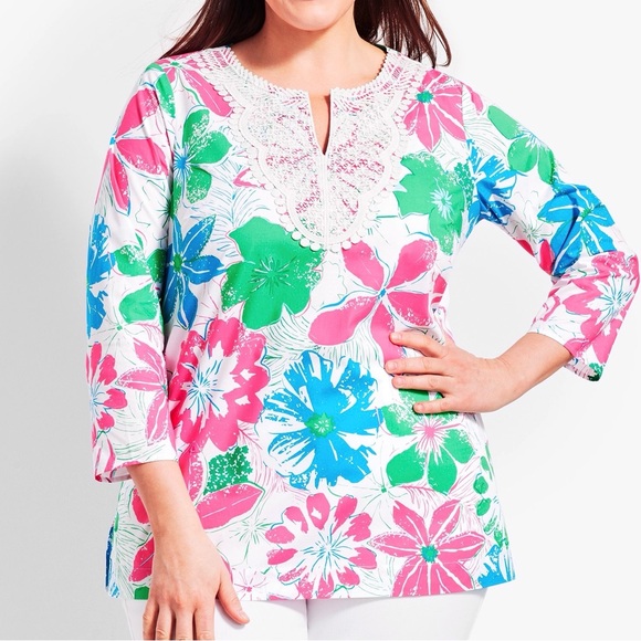 TALBOTS Tunic Floral Lace 100% Cotton 3/4 Sleeve Split Neck Popover Styling - Picture 6 of 14